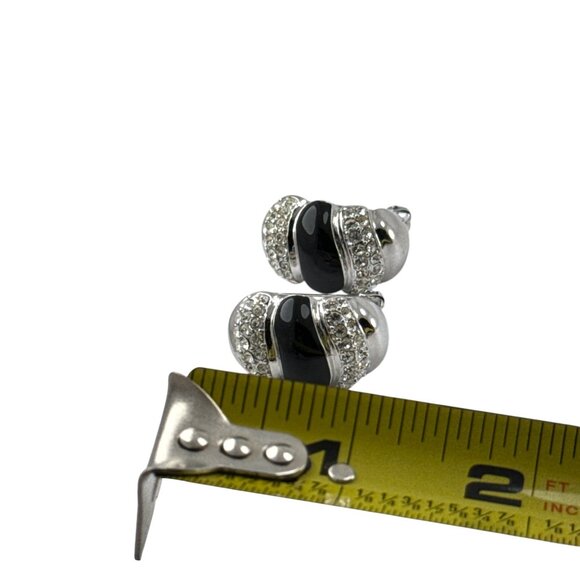 Vintage Silver Tone Black Enamel Rhinestone Clip On Earrings Retro Jewelry - Picture 5 of 5